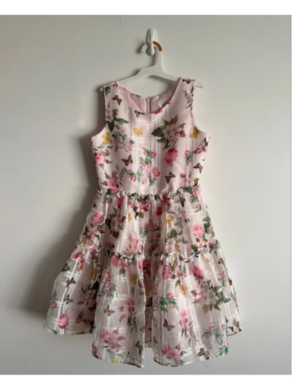 Girls Rare Editions Floral Butterfly Dress Size 12 Pink White